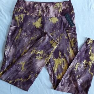 Women's Tahari Athletic Leggings Sz‎ Lg Purples & Gold with Pockets NWT $99